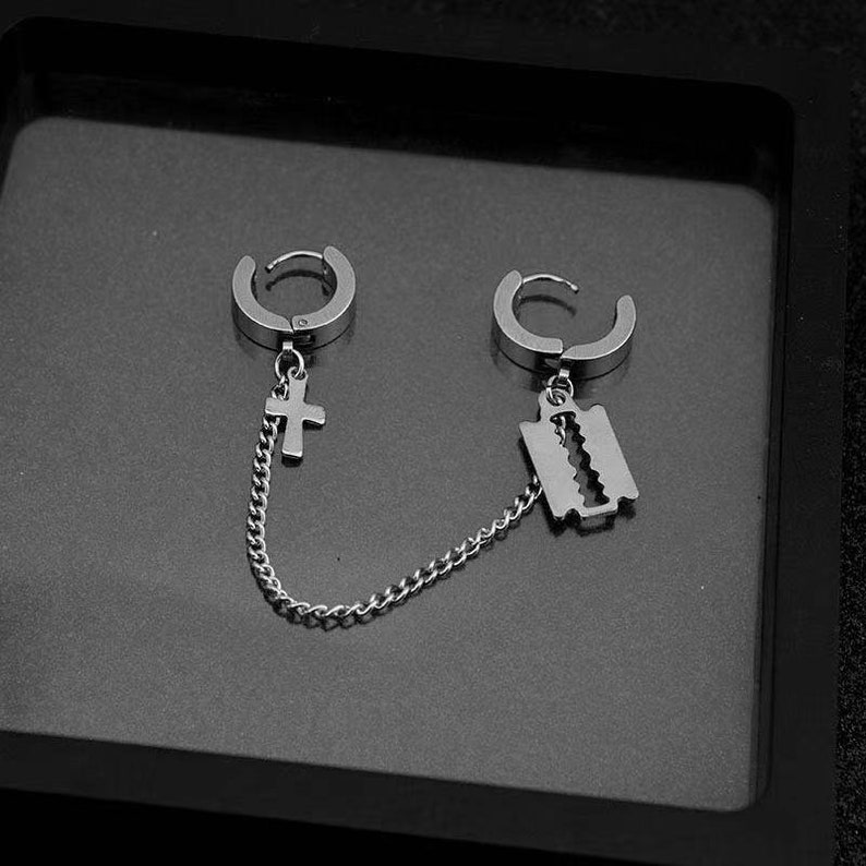 Double Piercing Titanium Connected Earrings Razor Cross Etsy