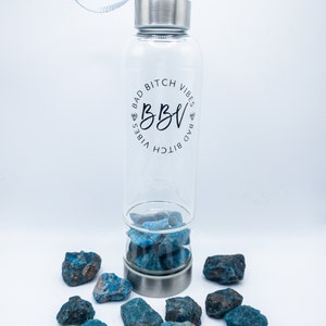 Blue Apatite Crystal Water Bottle, 16 Oz Clear Water Bottle, Crystal Infused Glass Water Bottle, Apatite Stone Crystal Bottle