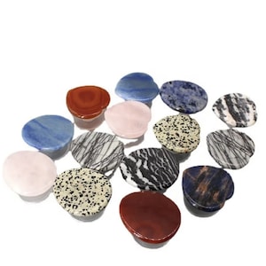 May include: Assortment of 12 heart-shaped polished stone coasters in various colors and patterns, including blue, red, pink, black, and white.