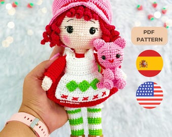 E-book Crochet Pattern Amigurumi Strawberry Shortcake Doll and Pudding the Kitten (English/Spanish)
