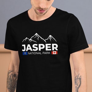 Jasper National Park Unisex T-Shirt, Alberta, Canada, Canadian Vacation Shirt, Jasper Souvenir Tee, Mountain Silhouette White Text