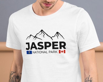 Jasper National Park Unisex T-Shirt, Alberta, Canada, Canadian Vacation Shirt, Jasper Souvenir Tee, Mountain Silhouette Black Text