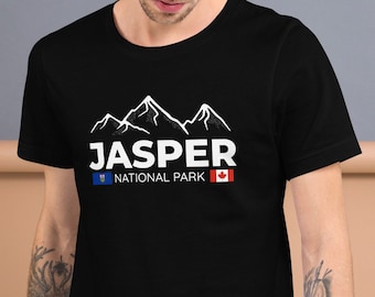 Jasper National Park Unisex T-Shirt, Alberta, Canada, Canadian Vacation Shirt, Jasper Souvenir Tee, Mountain Silhouette White Text