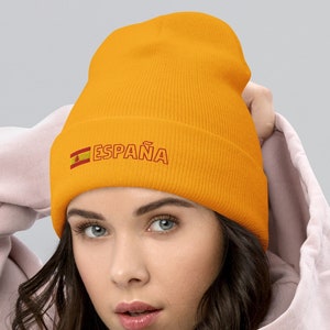 España Spain National Flag Unisex Cuffed Beanie, Hat, Cap, Bandera de España, Spanish Flag with Red Outline Text Design