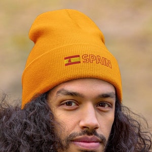 Spain España National Flag Unisex Cuffed Beanie, Hat, Cap, Bandera de España, Spanish Flag with Red Outline Text Design
