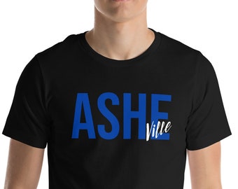 Asheville North Carolina Unisex T-Shirt, Ashe, North Carolina Vacation Shirt, Asheville Souvenir Tee, I Love Asheville, NC, Blue White Text