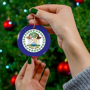Ceramic Ornament, Flag of Belize Design - Belizean Flag Souvenir, Home Christmas Decor, Christmas Tree Decor, Holiday Decor