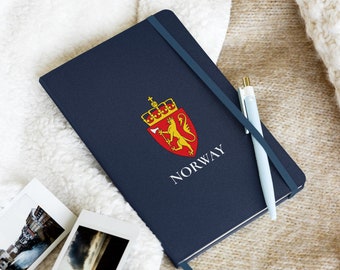 Quaderno rilegato con copertina rigida norvegese, diario di viaggio, diario, stemma, patrimonio norvegese, testo bianco