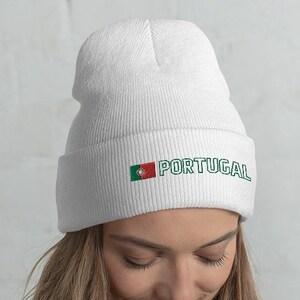 Portugal National Flag Unisex Cuffed Beanie, Portuguesa, Bandeira de Portugal, Portuguese Flag with Green Outline Text Design