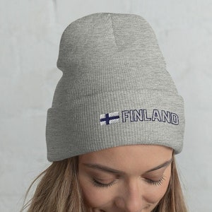 Finland National Flag Unisex Cuffed Beanie, Hat, Cap, Suomi, Suomen lippu, Siniristilippu, Finnish Flag with Blue Outline Text Design