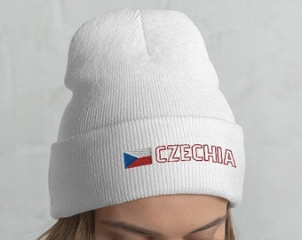 Czechia National Flag Unisex Cuffed Beanie, Hat, Cap, Czech Republic, Česká republika, Czech Flag with Red Outline Text Design