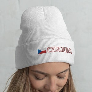 Czechia National Flag Unisex Cuffed Beanie, Hat, Cap, Czech Republic, Česká republika, Czech Flag with Red Outline Text Design