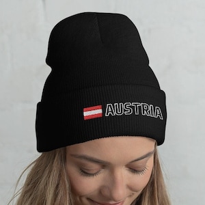 Austria National Flag Unisex Cuffed Beanie, Hat, Cap, Österreich, Austrian Flag with White Outline Text Design