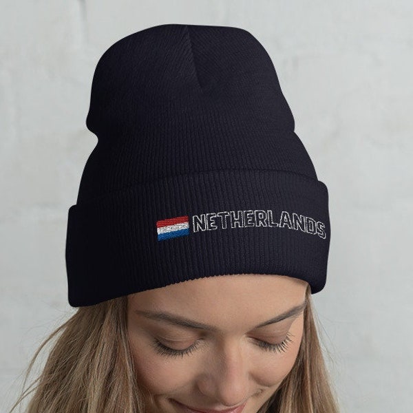 The Netherlands National Flag Unisex Cuffed Beanie, Nederland, Holland, de Nederlandse vlag, Dutch Flag with White Outline Text Design