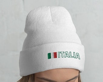 Italia Italy National Flag Unisex Cuffed Beanie, Hat, Cap, Bandiera d'Italia, Italian Flag with Green Outline Text Design