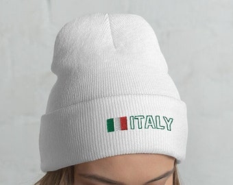 Italy Italia National Flag Unisex Cuffed Beanie, Hat, Cap, Bandiera d'Italia, Italian Flag with Green Outline Text Design