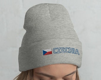 Czechia National Flag Unisex Cuffed Beanie, Hat, Cap, Czech Republic, Česká republika, Czech Flag with Blue Outline Text Design