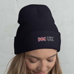 United Kingdom National Flag Unisex Cuffed Beanie, UK, Union Jack, British Flag with White Outline Text Design