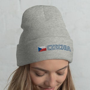 Czechia National Flag Unisex Cuffed Beanie, Hat, Cap, Czech Republic, Česká republika, Czech Flag with Blue Outline Text Design