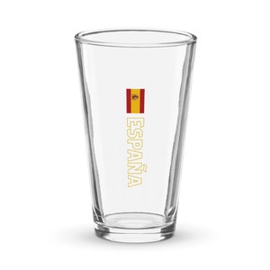 España Spain National Flag Shaker Pint Glass, Bandera de España, Vertical Spanish Flag with Yellow Outline Text Design