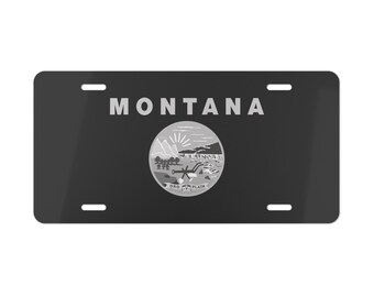 Placa de matrícula personalizada con la bandera de Montana en escala de grises, decoración con la bandera del estado de Montana, recuerdo de Montana, estado de Montana, esquema de colores opacos
