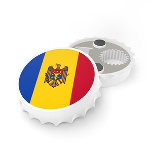 May include: A white bottle opener featuring a blue, yellow and red Moldovan flag design. The opener is shaped like a bottle cap.
