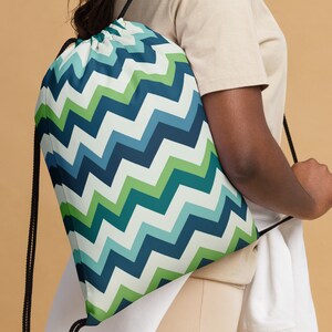 Reusable Drawstring Bag, Green Blue and White Chevron Design, Travel bag, Cosmetic bag, Shoe bag, Sports bag, School bag, Craft bag