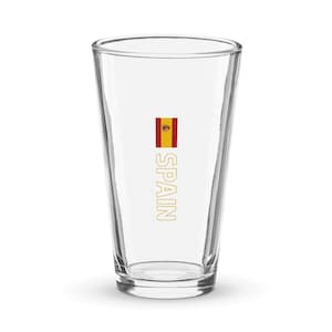 Spain España National Flag Shaker Pint Glass, Bandera de España, Vertical Spanish Flag with Yellow Outline Text Design
