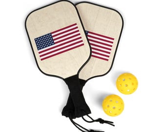 American Flag Pickleball Kit - USA Patriotic Center Flag Design, Two Pickleball Paddles and Two Balls, Ideal for USA Fans, Durable & Stylish