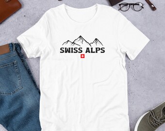 Schweizer Alpen Schweiz Unisex T-Shirt, Die Alpen, Gebirge, Alpine, Schweiz, Schweizerische, Suisse, Silhouette Schwarz
