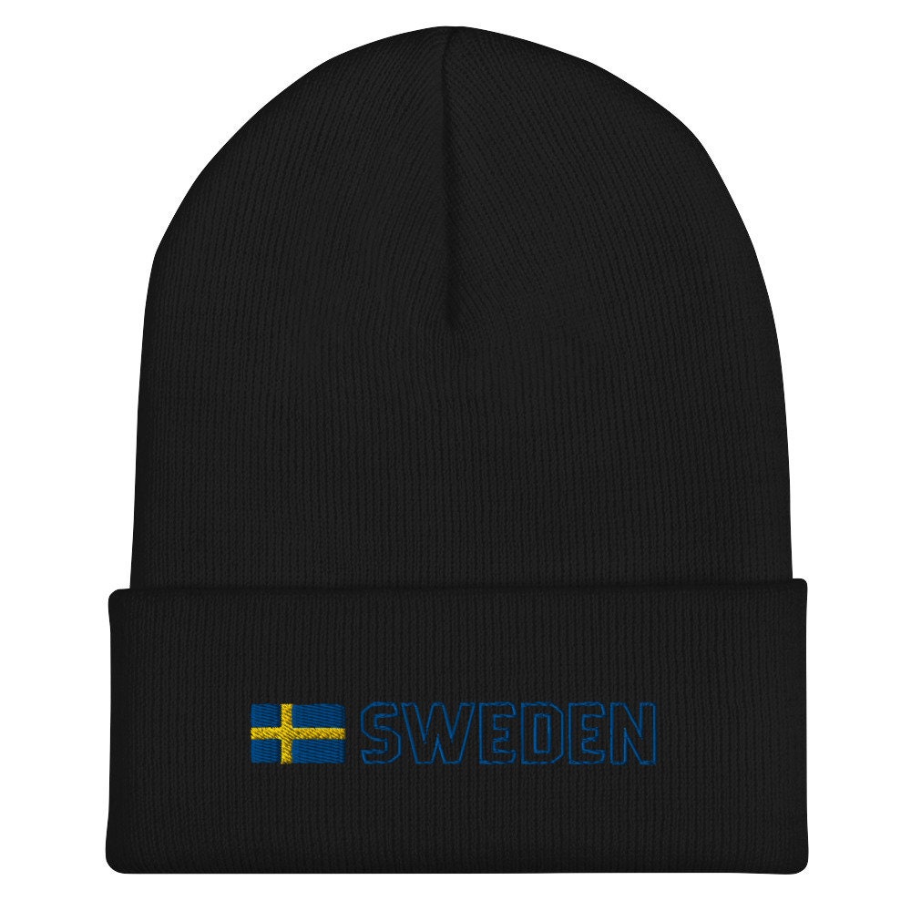 Swedish Flag Beanie Hat – Knit Winter Beanie For Men & Women, Black With Pattern, One Size Fits Most