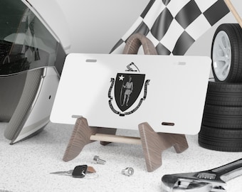 Flag of Massachusetts Vanity License Plate in Grayscale, Massachusetts State Flag Decor, Massachusetts Souvenir, Blackout Color Scheme