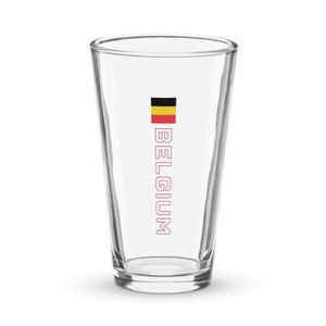 Belgium National Flag Shaker Pint Glass, België, Belgique, Belgien, Vertical Belgian Flag with Red Outline Text Design
