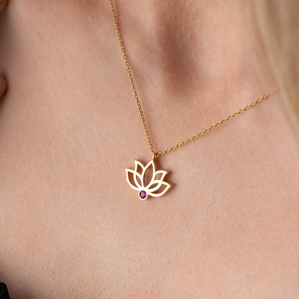 Pendentif fleur de lotus en argent sterling 925, collier avec pierres de naissance, collier lotus, bijoux de pierre de naissance, collier à breloques, collier pour femme