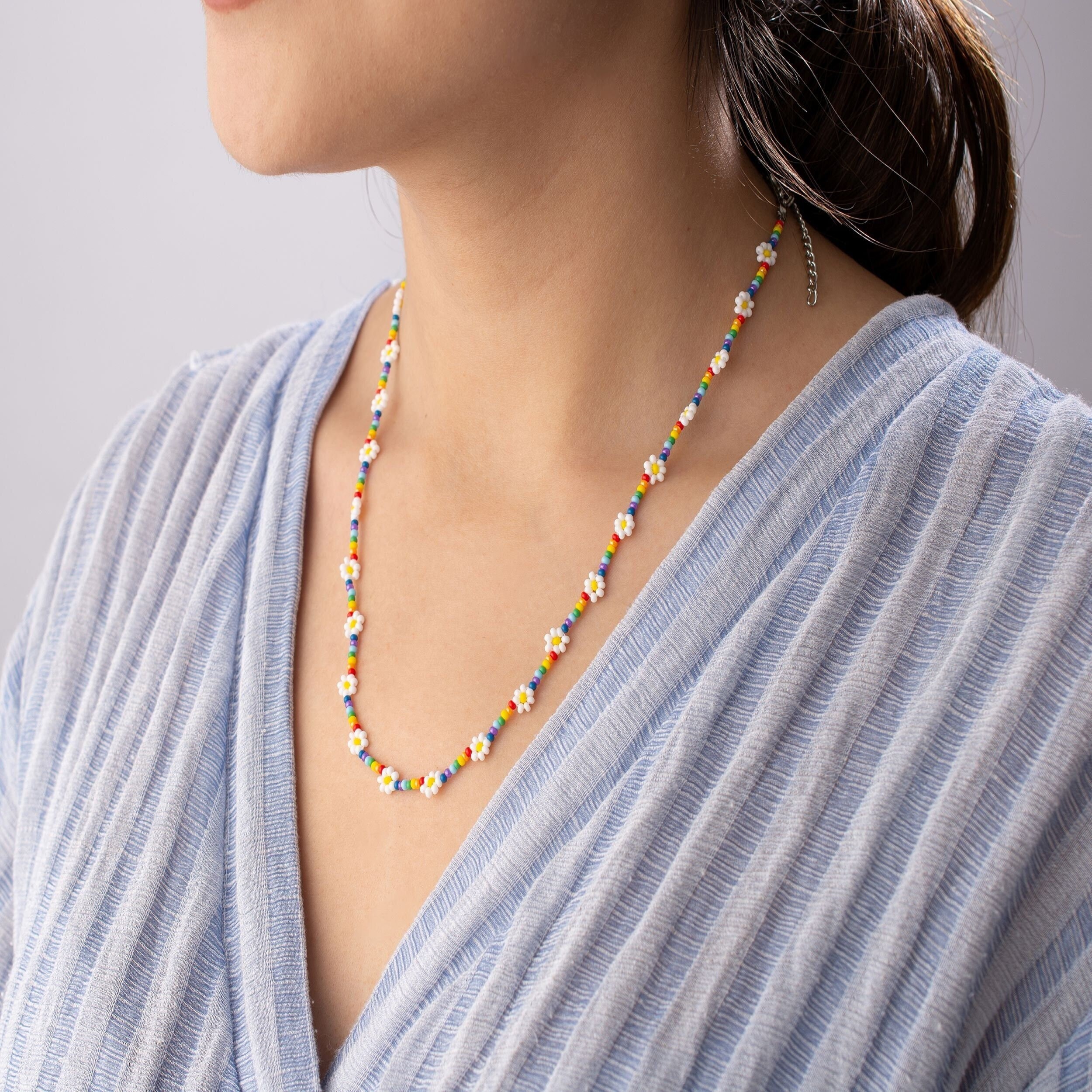 Boho Beaded Necklace,Rainbow Boho Daisy Seed Bead Choker Necklace,Handmade Gift,Gift for Women,Handmade jewelry,Birthday Gifts,Wedding Gift