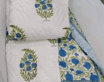 Indian Kantha Quilt/ Handmade green hand block print Cotton Bed cover Bedspread Blanket/King size Kantha Quilt/Kantha Coverlet Throw