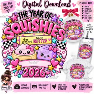 May include: A digital graphic design featuring the text The Year of Squishies and 2026, with illustrations of a 113 g salted butter stick, a pink dumpling, and a purple cube character, surrounded by colourful hearts, stars, and gaming controllers.