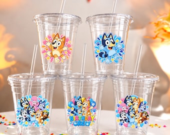 Gepersonaliseerde Bluey verjaardagsbekers, 590 ml, transparant plastic, feestartikel (set)
