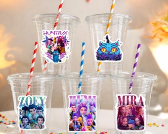 Vasos desechables con pajitas para fiestas infantiles, Rumi y Huntrix