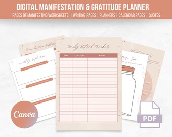 Manifestazione/Legge dell'attrazione/Diario digitale stampabile/Cura di sé/Obiettivi/Mentalità/Modelli Canva