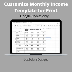 May include: A screenshot of a Google Sheets spreadsheet with a monthly budget template. The spreadsheet includes columns for due date, expenses, monthly budget, paycheck #1, paycheck #2, and cash/bank. The template is designed for printing.
