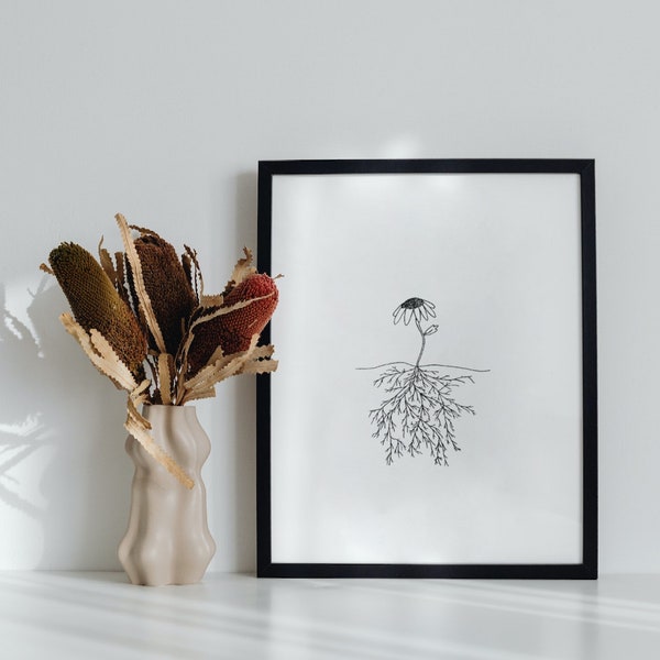 Sunflower Root Minimalist Floral Art Print, Botanical Wall Art, Framed Art Work, Minimal Gallery Wall Art,  Flower Line Art, Above Bed Decor