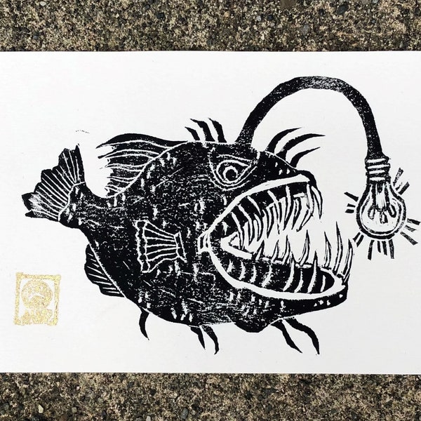 Anglerfish with Lightbulb Hand Carved Linocut Block Print/ 4x6" Art Perfect Wall Hanging or Shelf Decor/ *Frame not included