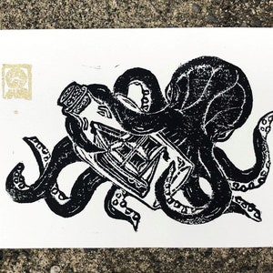 Octopus with Ship in a Bottle Hand-Carved Linocut Block Print, 4x6"