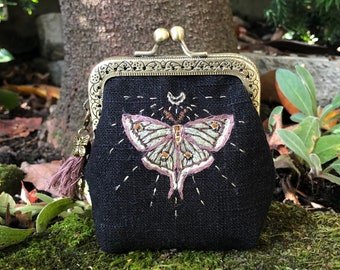 Handmade Spanish Moon Moth Embroidered Coin Purse with Removable Tassel and Charm/ Handswen Pouch/ Witchy Cottagecore Aesthetic