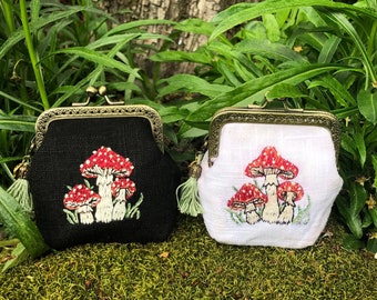 Handmade Mushroom Embroidered Coin Purse with Removable Tassel and Charm/ Handsewn Pouch/ Witchy Cottagecore Fungi Aesthetic