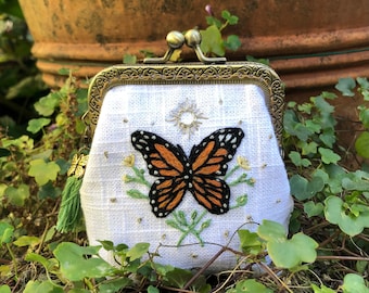 Handmade Monarch Embroidered Coin Purse with Removable Tassel and Charm/ Handsewn Pouch/ Cottagecore Butterfly Aesthetic