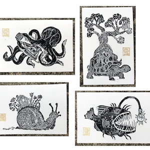 Animal Linocut Block Print Set Hand Carved/ 4 Curiosity Art Prints 4x6&quot; Each/ Perfect Gallery Wall Decor/ *Frames not included