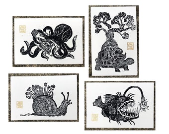 Animal Linocut Block Print Set Hand Carved/ 4 Curiosity Art Prints 4x6" Each/ Perfect Gallery Wall Decor/ *Frames not included