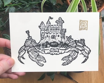 Dungeness Crab with Sandcastle Linocut Block Print, 4x6"